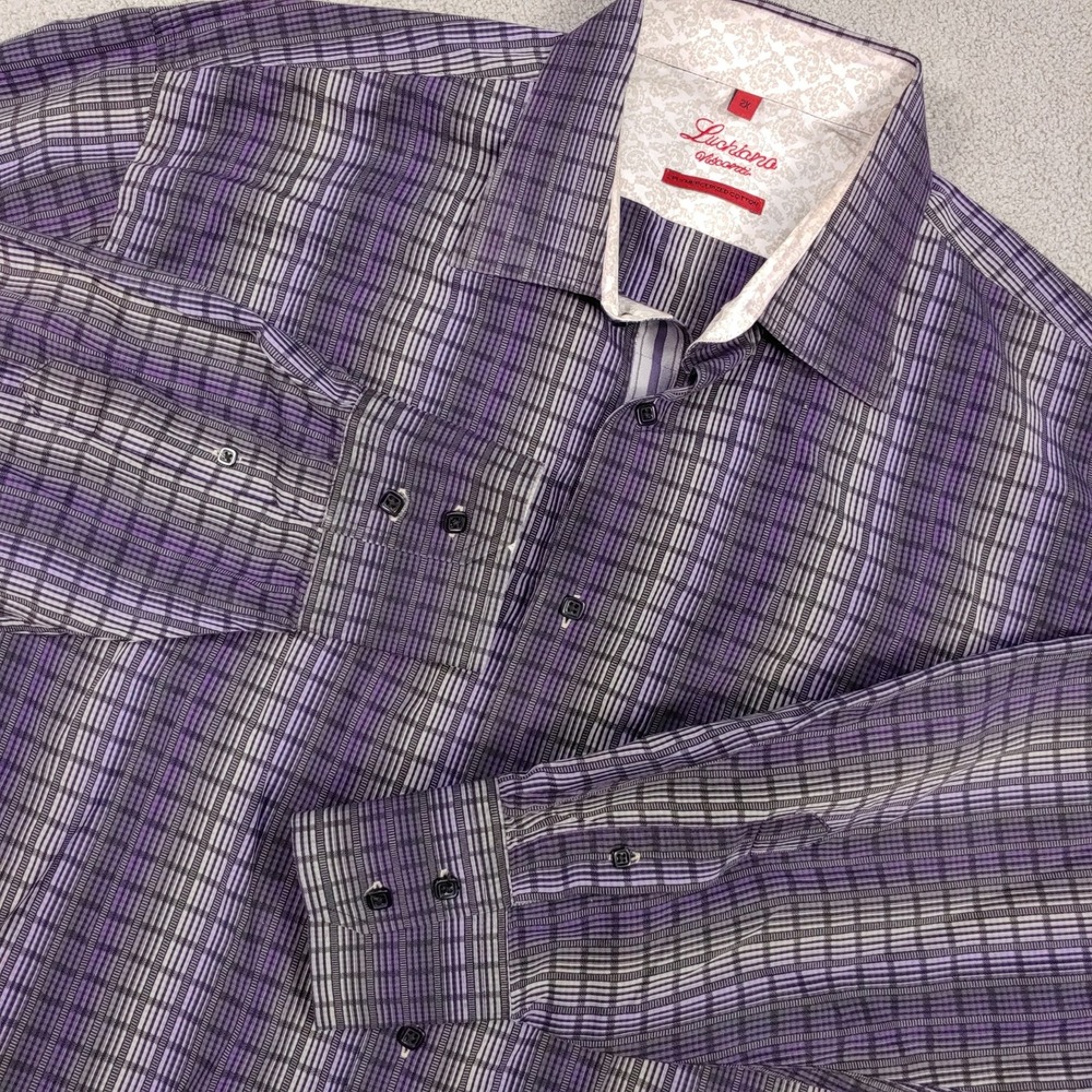 Luciano Visconti Button Down - Men 2X Purple Plaid Long Sleeve Cotton Shirt